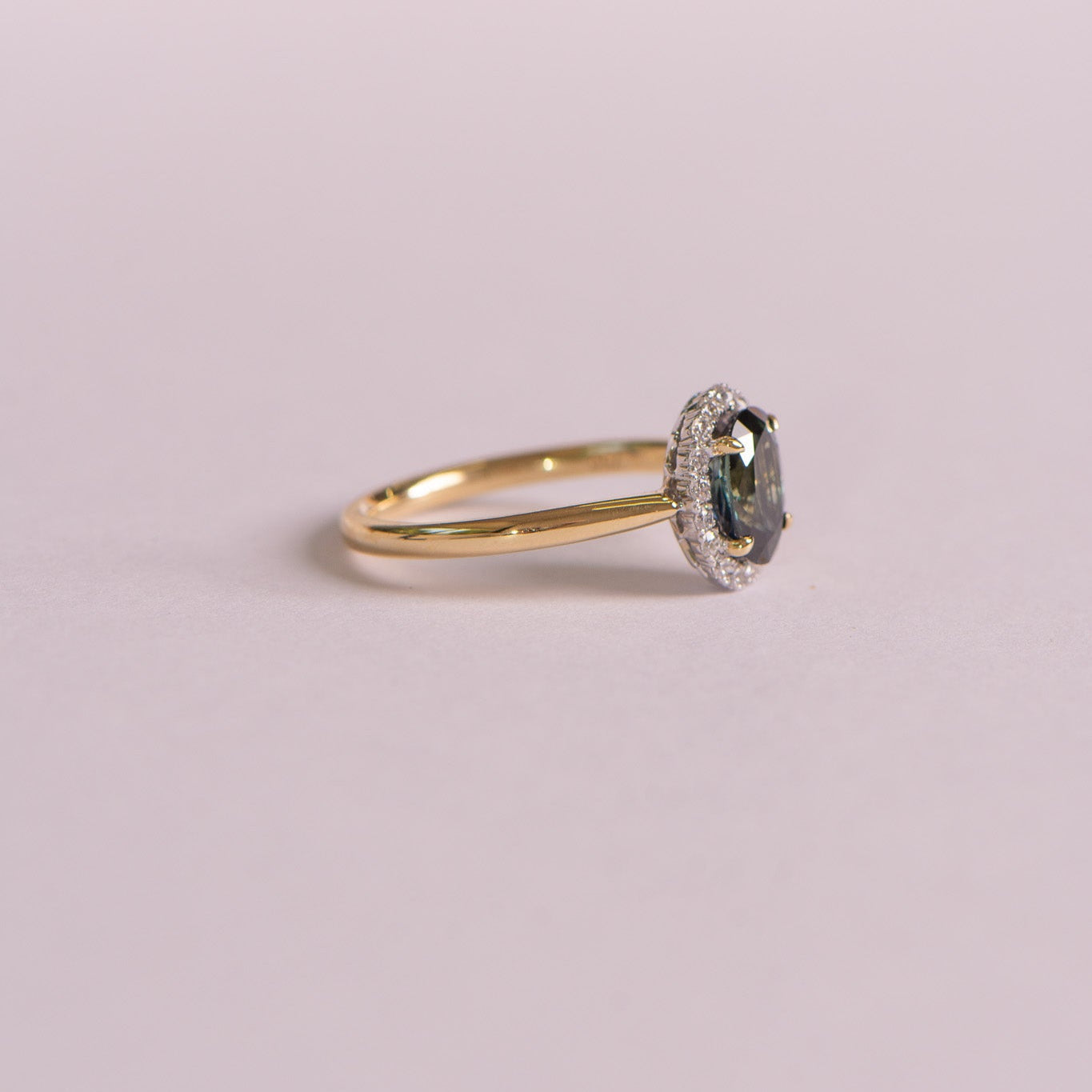 18K Yellow Gold Oval Parti Sapphire Halo Engagement Ring.