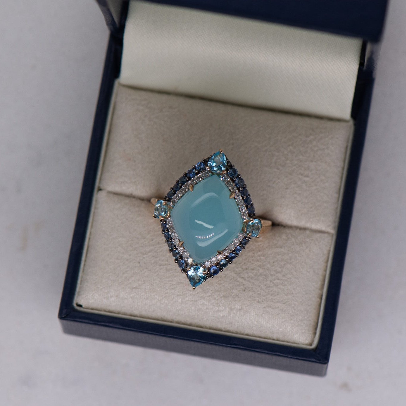 Blue Chalcedony, Sapphire, Blue Topaz and Diamond Ring